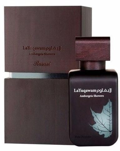 A bottle of Rasasi LaYuqawarm AMBERGRIS SHOWERS 75ml EDP with a brown box.