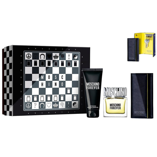 A Moschino Forever 50ml Gift Set perfect for men featuring a chess board and Moschino Forever fragrance.