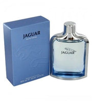 Jaguar by Jaguar 100ml EDT for men is shown beside its blue box, both with the iconic Jaguar branding—a classic Aromatic Fougere fragrance and an ideal men’s cologne.