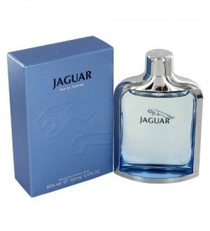 Jaguar by Jaguar 100ml EDT for men is shown beside its blue box, both with the iconic Jaguar branding—a classic Aromatic Fougere fragrance and an ideal men’s cologne.