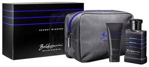 A Baldessarini Secret Mission 90ml EDT gift set with a blue bottle and a black bag.