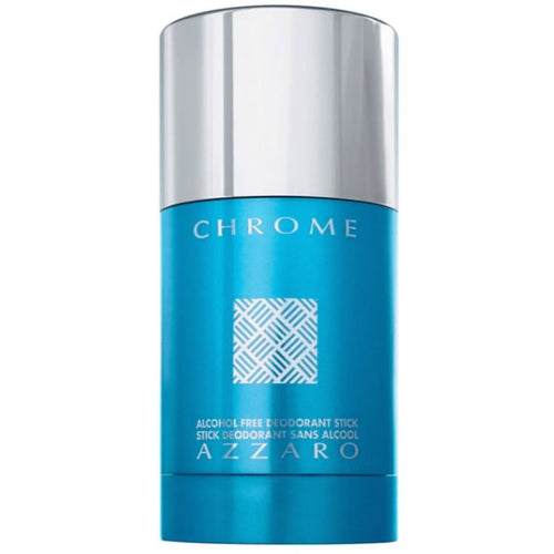 A silver container with a blue cap, housing the fragrance Azzaro Chrome 75g Deo Stick Alcohol Free by Azzaro.