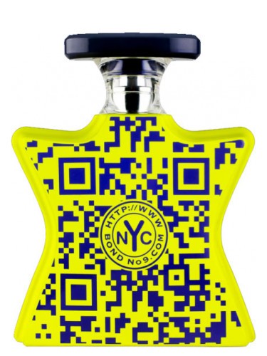 A yellow bottle with a qr code on it, containing Bond No.9 100ml EDP fragrance for men from Bond N0.9.
