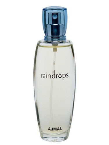 A bottle of Ajmal Raindrops 50ml Eau De Parfum on a white background, available at Rio Perfumes.