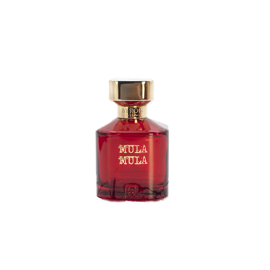 A bottle of Byron Parfums Mula Mula Rouge Extreme Collection 75ml Extrait De Parfum by Byron Parfums on a white background.