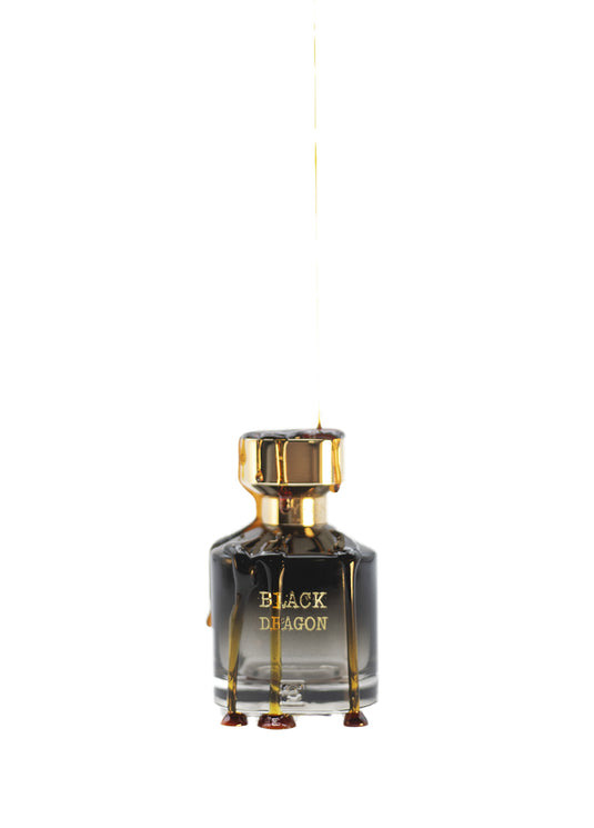 An exquisite bottle of Byron Parfums Black Dragon 75ml Extrait De Parfum, elegantly displayed on a pristine white background.