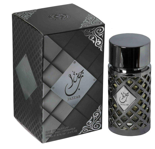 A box with a bottle of Ard Al Zaafaran Jazzab Silver 100ml Eau de Parfum by Dubai Perfumes.