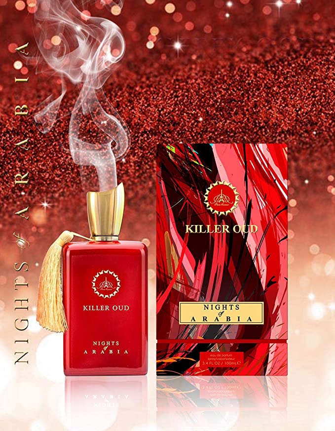 Load image into Gallery viewer, A bottle of Paris Corner Killer Oud Nights of Arabia 100ml Eau de Parfum by Dubai Perfumes next to a box.

