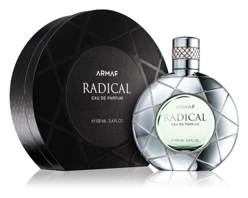 A bottle of Armaf Radical Pour Homme 100ml eau de parfum displayed next to its packaging, exuding a fruity sweet fragrance.