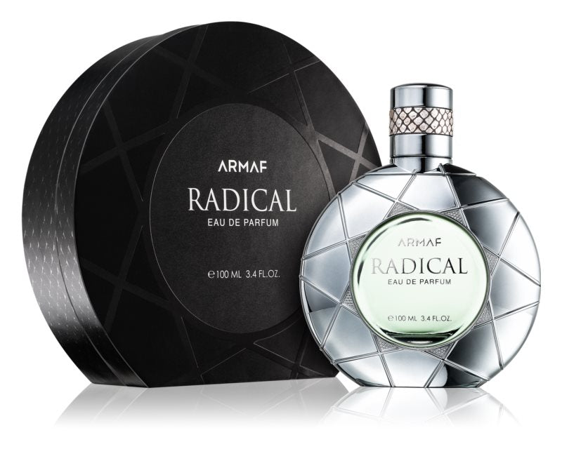 Load image into Gallery viewer, A bottle of Armaf Radical Pour Homme 100ml eau de parfum displayed next to its packaging, exuding a fruity sweet fragrance.

