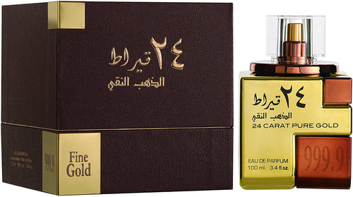 A luxurious Lattafa 24 Carat Pure Gold 100ml Eau de Parfum fragrance bottle with a box next to it, suitable for both men and women.