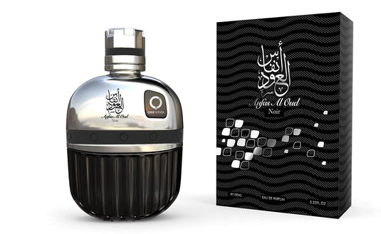 A fragrance bottle with Arabic calligraphy featuring the scent Orientica Anfas Al Oud Noir 100ml Eau De Parfum from Dubai Perfumes.