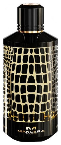 A bottle of Mancera Wild Python 120ml Eau De Parfum, a black and gold crocodile print fragrance by Mancera.