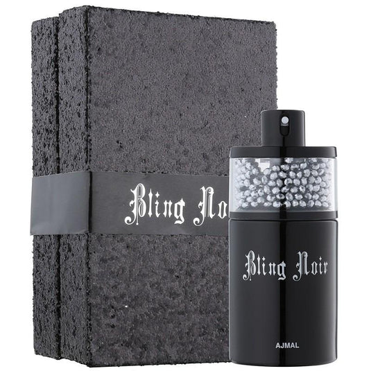 A black box with a bottle of Ajmal Bling Noir 75ml Eau De Parfum available at Rio Perfumes.