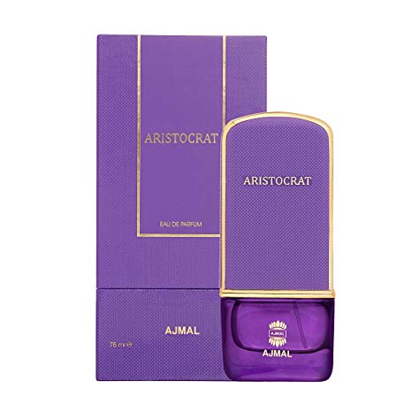 An Ajmal Aristocrat for Her 75ml Eau De Parfum bottle with an Ajmal Aristocrat for Her Rio Perfumes purple box next to it.