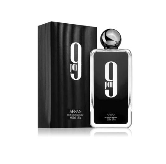 A bottle of Afnan 9 pm 9pm 100ml Eau De Parfum with the number 9 on it, sold by Rio Perfumes.