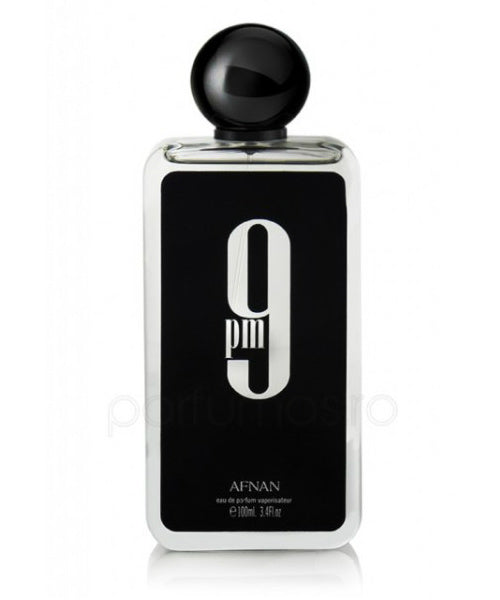 A bottle of Afnan 9 pm Eau De Parfum with the number 9 on it from Rio Perfumes.