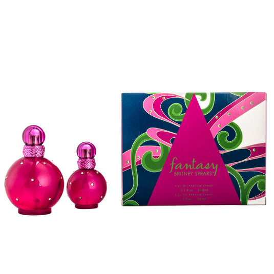 A pink bottle of Britney Spears Fantasy 100ml Eau De Parfum Gift Set perfume and a pink box next to it.