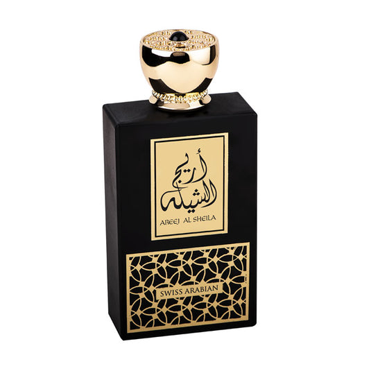 A black and gold Swiss Arabian fragrance bottle with arabic calligraphy, suitable for both men and women. This Swiss Arabian Areej Al Sheila 100ml Eau De Parfum is crafted as an Eau De Parfum.