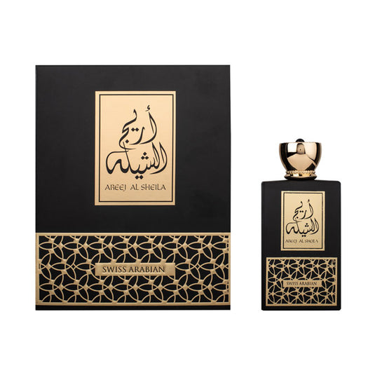 A luxurious bottle of Swiss Arabian Areej Al Sheila 100ml Eau De Parfum with stunning Arabic calligraphy, perfect for men and women. This exquisite fragrance, known as Swiss Arabian, is a must-have.