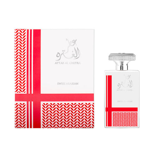 A bottle of Swiss Arabian Attar Al Ghutra 100ml Eau De Parfum ATTAR GHUTRA fragrance next to a box.