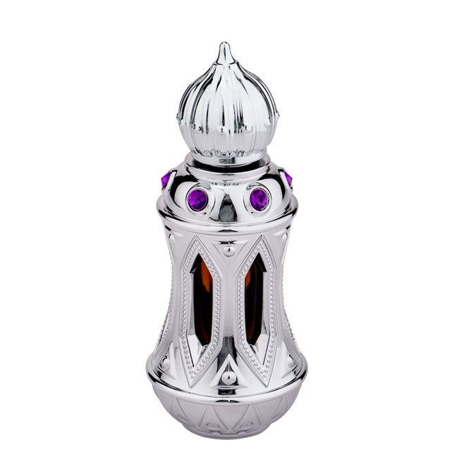 This ornate silver bottle, adorned with purple gemstones, intricate designs, and black accents, holds the unisex Swiss Arabian Attar Mubakhar Concentrated Perfume Oil—a captivating fragrance as mesmerizing as its pointed-capped vessel.