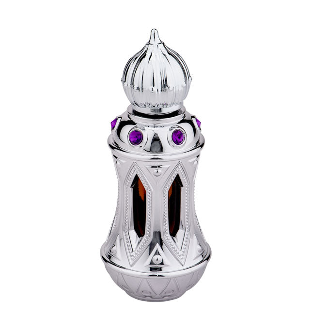 Load image into Gallery viewer, A Swiss Arabian Attar Mubakhar 20ml Concentrated Perfume Oil-filled silver perfume bottle embellished with purple stones.
