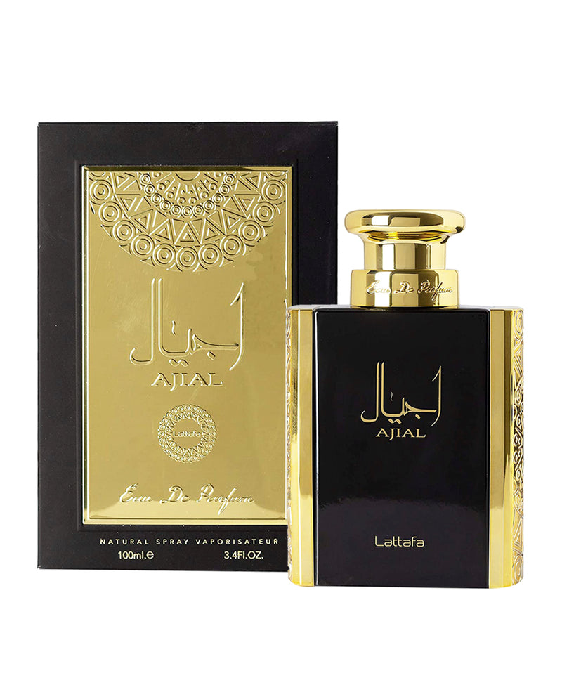 Load image into Gallery viewer, A bottle of Lattafa Ajial 100ml Eau de Parfum with a gold box, featuring Arabian Oud notes.
