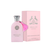 A 100ml bottle of Fragrance World Delilah Pour Femme Eau de Parfum in pink, adorned with a delicate pink tassel.