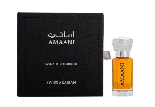 A Swiss Arabian Amaani 12ml EDP bottle, packaged in a box.
