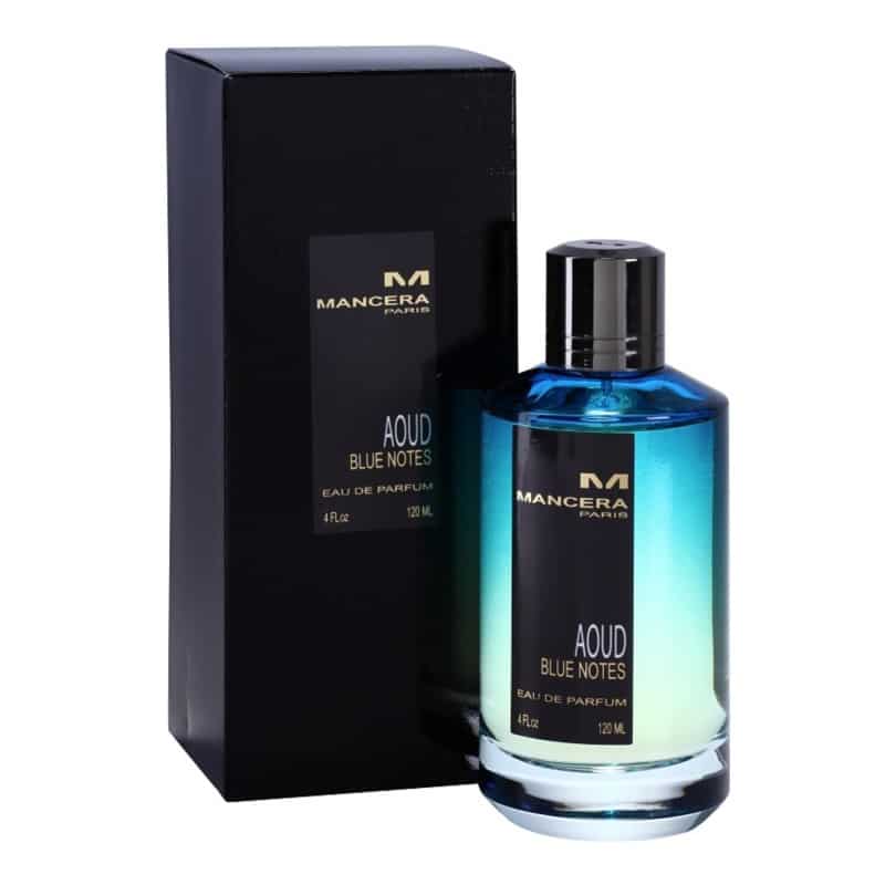 Load image into Gallery viewer, A bottle of Mancera Aoud Blue Notes 120ml Eau De Parfum with a box next to it.
