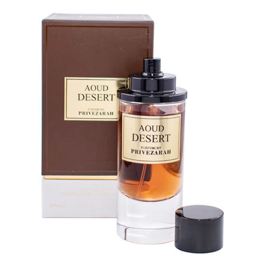 A desert fragrance featuring oud, the Dubai Perfumes Fragrance World Aoud Desert 80ml Eau de Parfum bottle.