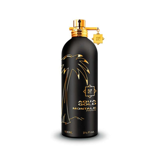 A bottle of Montale Aqua Gold 100ml Eau De Parfum by Montale Paris with a palm tree on it, offering a luxurious black and gold fragrance.