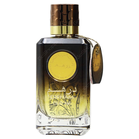 A bottle of Ard Al Zaafaran Dirham Oud 100ml Eau de Parfum with a gold label.