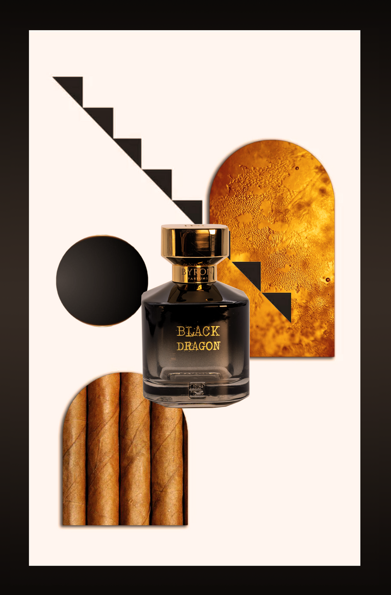 Load image into Gallery viewer, An image of Byron Parfums Black Dragon 75ml Extrait De Parfum, a bottle of Extrait De Parfum, and a cigar.
