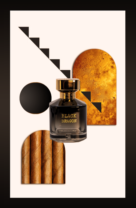 An image of Byron Parfums Black Dragon 75ml Extrait De Parfum, a bottle of Extrait De Parfum, and a cigar.