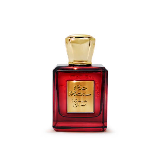 Bella Bellissima Bohemia Garnet Parfum 50ml in a red bottle on a white background.