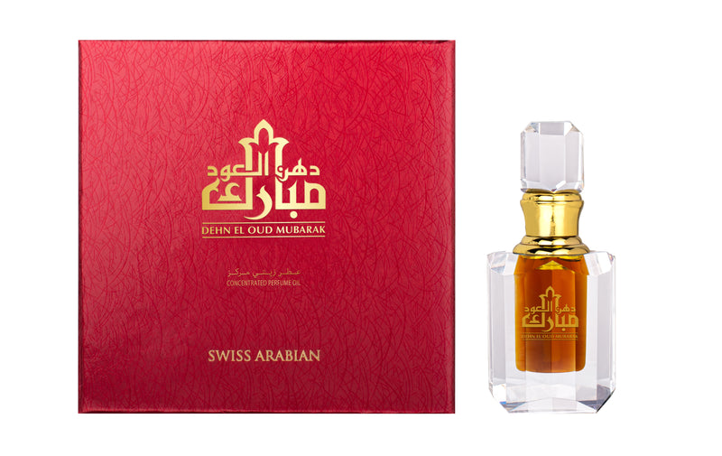Load image into Gallery viewer, Swiss Arabian Dehn El Oud Mubarak, a bottle of concentrated perfume oil, surrounded by a red box.
