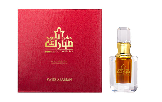 Swiss Arabian Dehn El Oud Mubarak, a bottle of concentrated perfume oil, surrounded by a red box.
