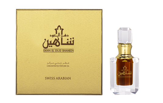 A fragrant bottle of Swiss Arabian Dehn El Oud Shaheen 6ml perfume in a gold box from Swiss Arabian.