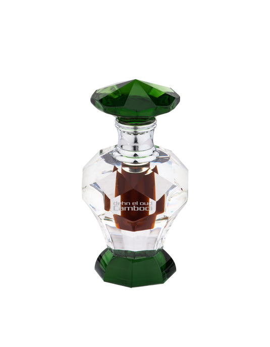 A bottle of Swiss Arabian Dehn El Oud Cambodi concentrated perfume oil 3ml with a glass top.
