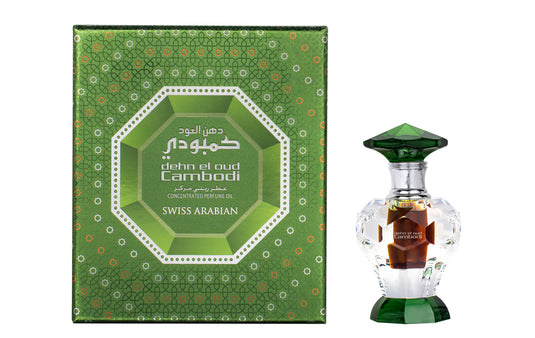 A Swiss Arabian green-boxed bottle of Dehn El Oud Cambodi concentrated perfume oil 3ml with a fragrant fragrance.
