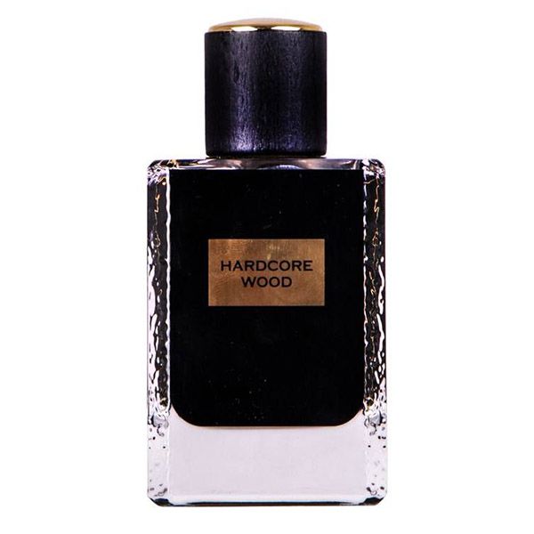 Load image into Gallery viewer, A bottle of Fragrance World Hardcore Wood 100ml Eau De Parfum with a gold label on it.
