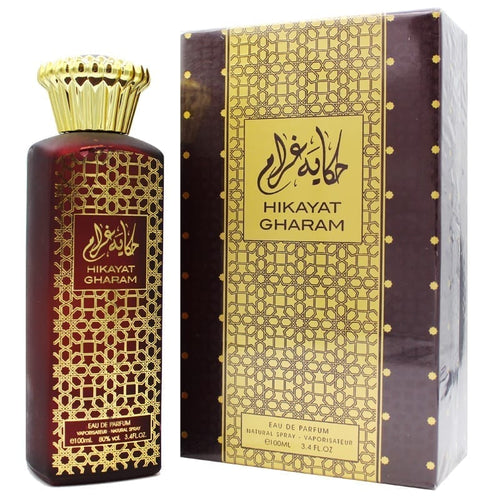 A bottle of Dubai Perfumes Hikayat Gharam 100ml Eau De Parfum with an exquisite fragrance.