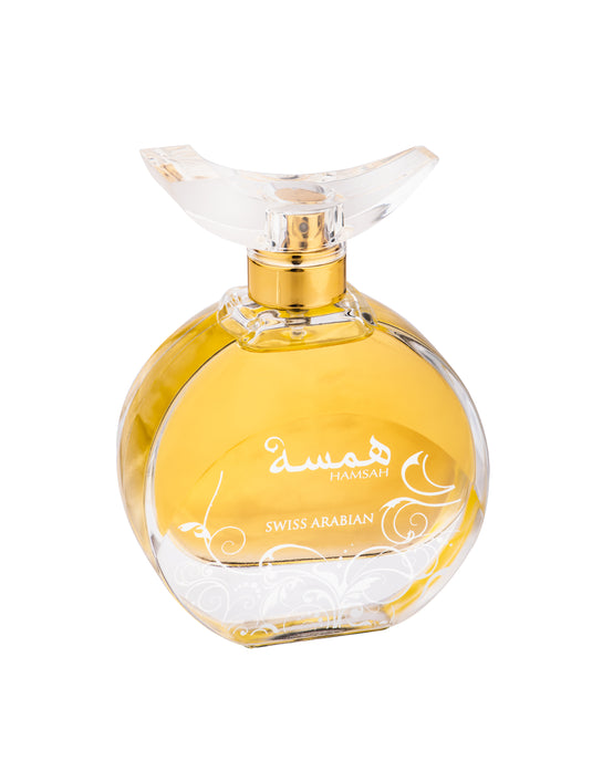 A bottle of Swiss Arabian Hamsah 80ml EDP (unboxed) perfume, featuring a honeyed floral fragrance for men & women, on a white background.