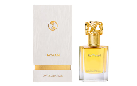 A 50ml EDP fragrance bottle of Swiss Arabian Hayaam perfume next to a box.