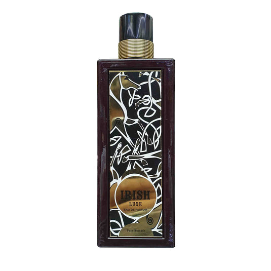 A bottle of Paris Corner Irish Luxe 100ml Eau de Parfum with a gold and black design on it, offering a luxurious fragrance for women.