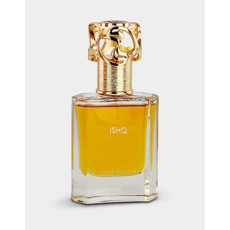 Load image into Gallery viewer, Swiss Arabian Ishq 50ml Eau De Parfum, a fragrance for both men and women, features a bottle of perfume with a stunning gold lid.
