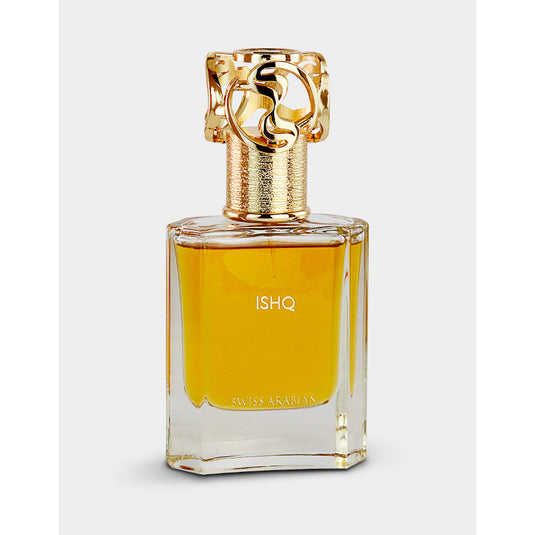 Swiss Arabian Ishq 50ml Eau De Parfum, a fragrance for both men and women, features a bottle of perfume with a stunning gold lid.