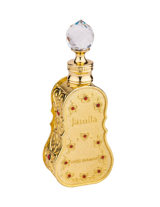 A luxurious Swiss Arabian perfume bottle shimmering in gold, set against a pristine white background.